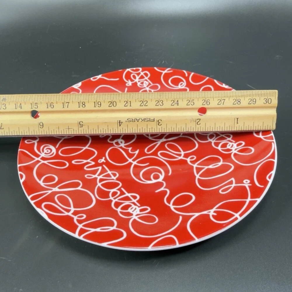 Crate & Barrel Artwork Script Christmas Holiday Dish Plate Set‎ 4 Plates 6.5inch